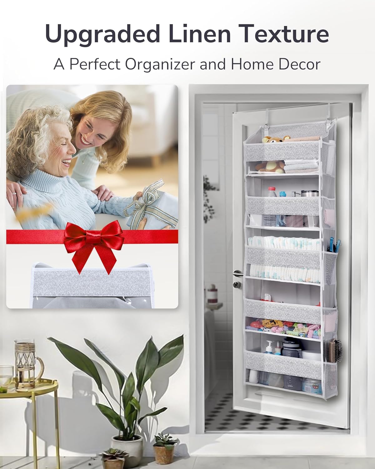 ULG 1 Pack Over Door Organizer with 5 Large Pockets 10 Mesh Side Pockets, Upgraded Linen Texture Over The Door Storage, 44 lbs Weight Capacity Hanging Storage Organizer, Light Gray