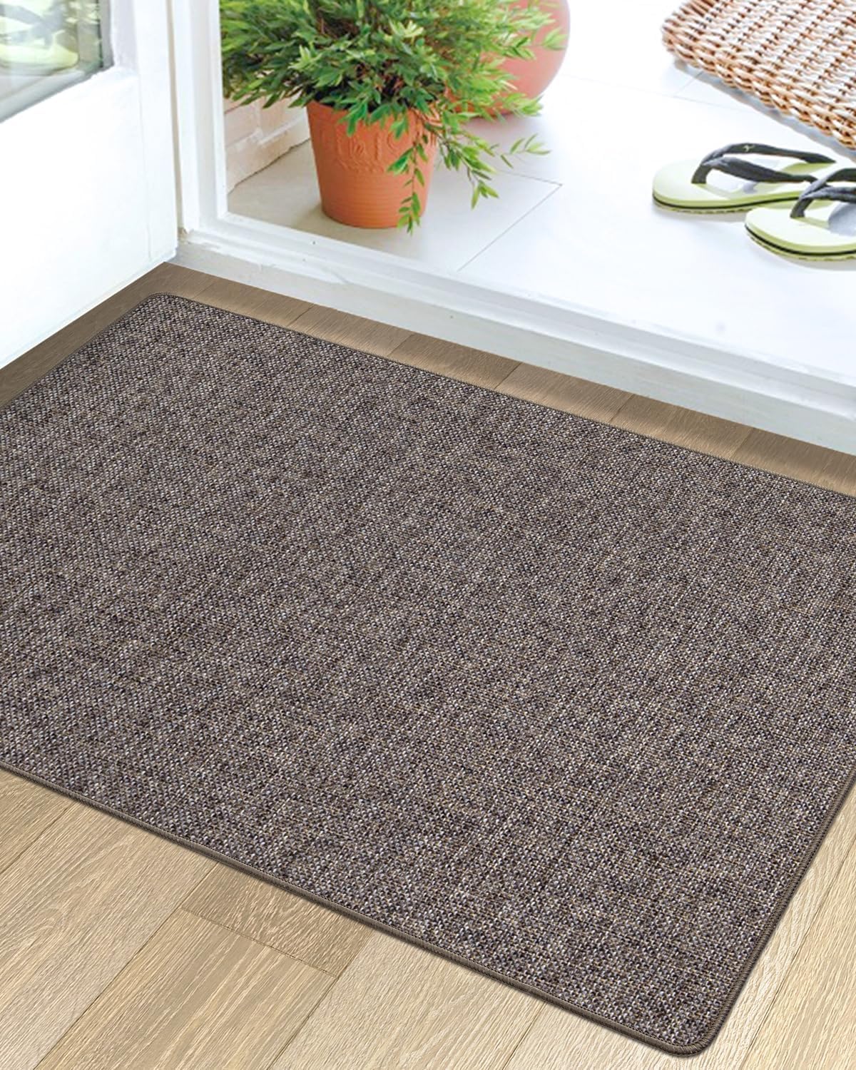 LUMI Ultra Thin Door Mat for Entryway, Low Profile Non Slip Rubber Backing Indoor Doormat, Easy Clean Welcome Entrance Mat for Inside House, Patio,Brown 24"x36"