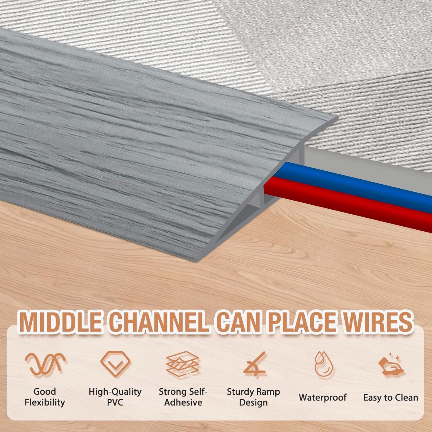 Floor Transition Strip Self Adhesive Vinyl Door Threshold for Doorways Carpet Edging Trim Overlap Edge Reducer for Laminate Floor, Carpet, Tile (Light Gray Wood Grain, 2/5" to 3/5", 6.6Ft)