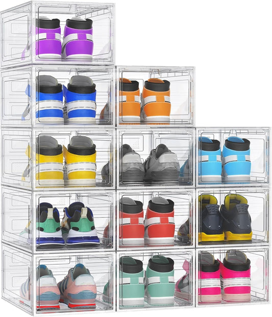 12 Pack Hard Sturdy Thickened Rigid XX Large Shoe Storage Organizer for Closet, Clear Stackable Sneaker Shoe Boxes Rack Containers Display Case Bins with Lids, White