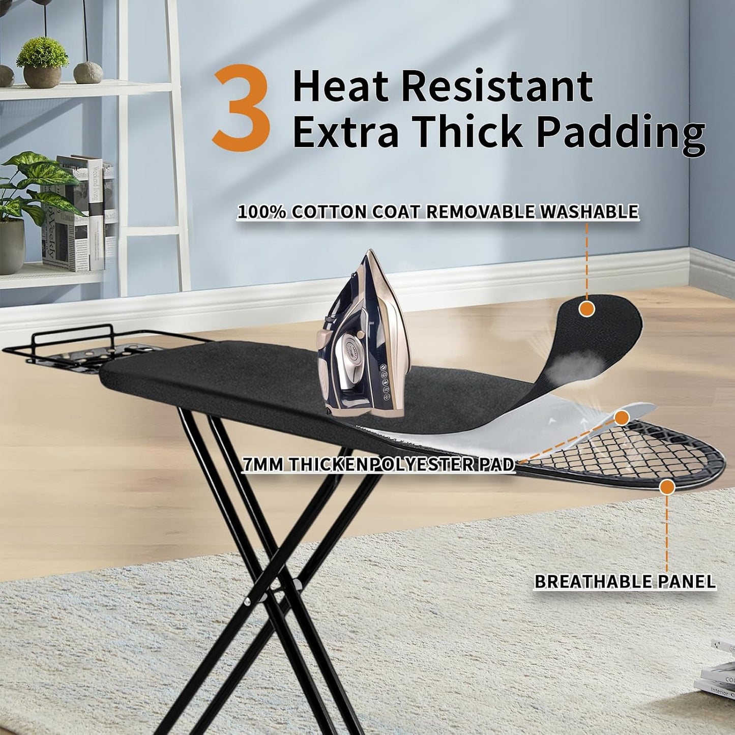 Ironing Board,52x14 Inch Iron Board with Steam Rest, Heavy Duty Metal Frame Legs Ironing Table with Heat Resistant Cover Mat, Foldable Full Size Hanger Ironing Stand, 5 Adjustable Height, Black