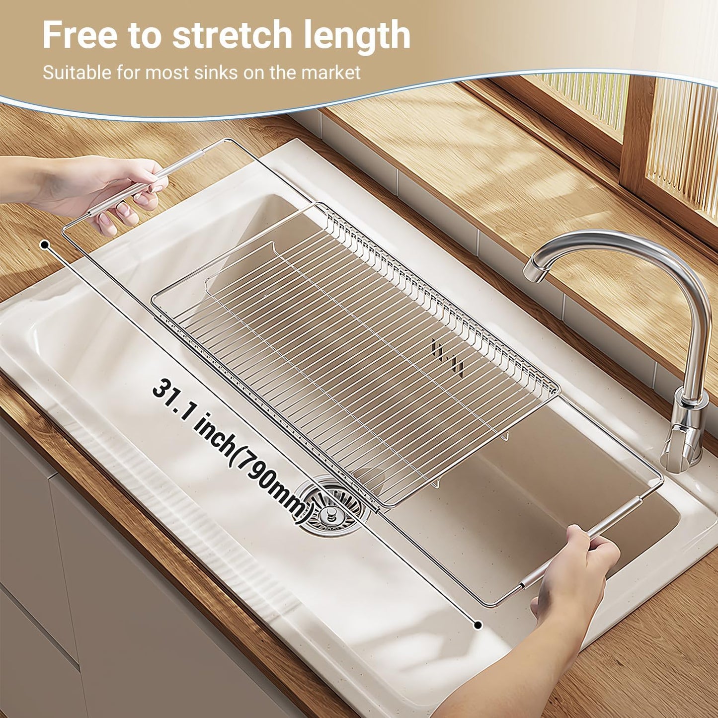 Dish Drying Rack, Stainless Steel Extendable Organizer for Kitchen Counter, Dish Dryer Rack for Inside Sink 304 Stainless Steel Adjustable 16.54" to 31.1" in Sink Dish Drying Rack 1(10.2" x 16.5")