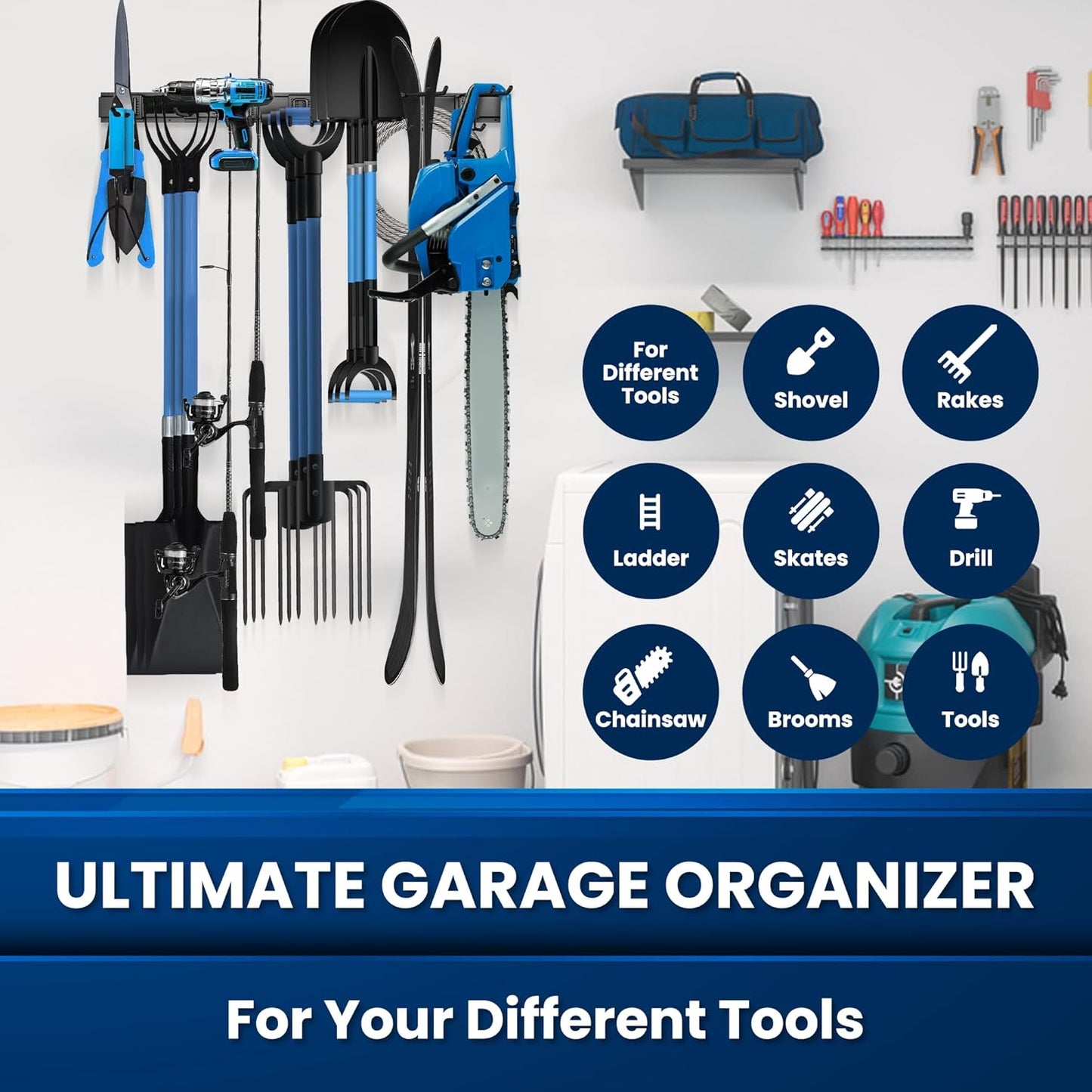 64'' All-Metal Garage Tool Organizer Wall Mount – Heavy-Duty Tool Rack Holds 680 lbs, Adjustable Hooks for Garage, Yard, and Garden Equipment