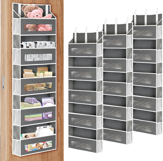 3 Packs 5-Tier Over the Door Storage Organizer with 10 Side Mesh Pockets, 48 lbs Load Capacity, 3 Hooks Design, Hanging Organizer with Clear Windows for Bathroom, Bedroom, Nursery, Kitchen-Grey