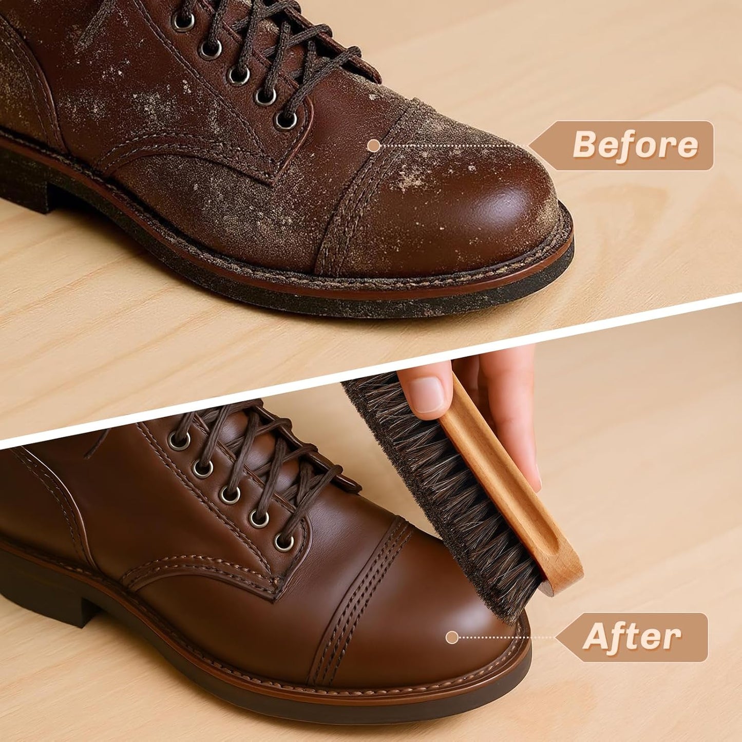 4 Pcs Horsehair Shine Shoes Brush Kit Polish Dauber Applicators Cleaning Leather Shoes Boots Care Brushes Suede Cleaner Brush with Microfiber Shoe Cloth(Wooden Style A)