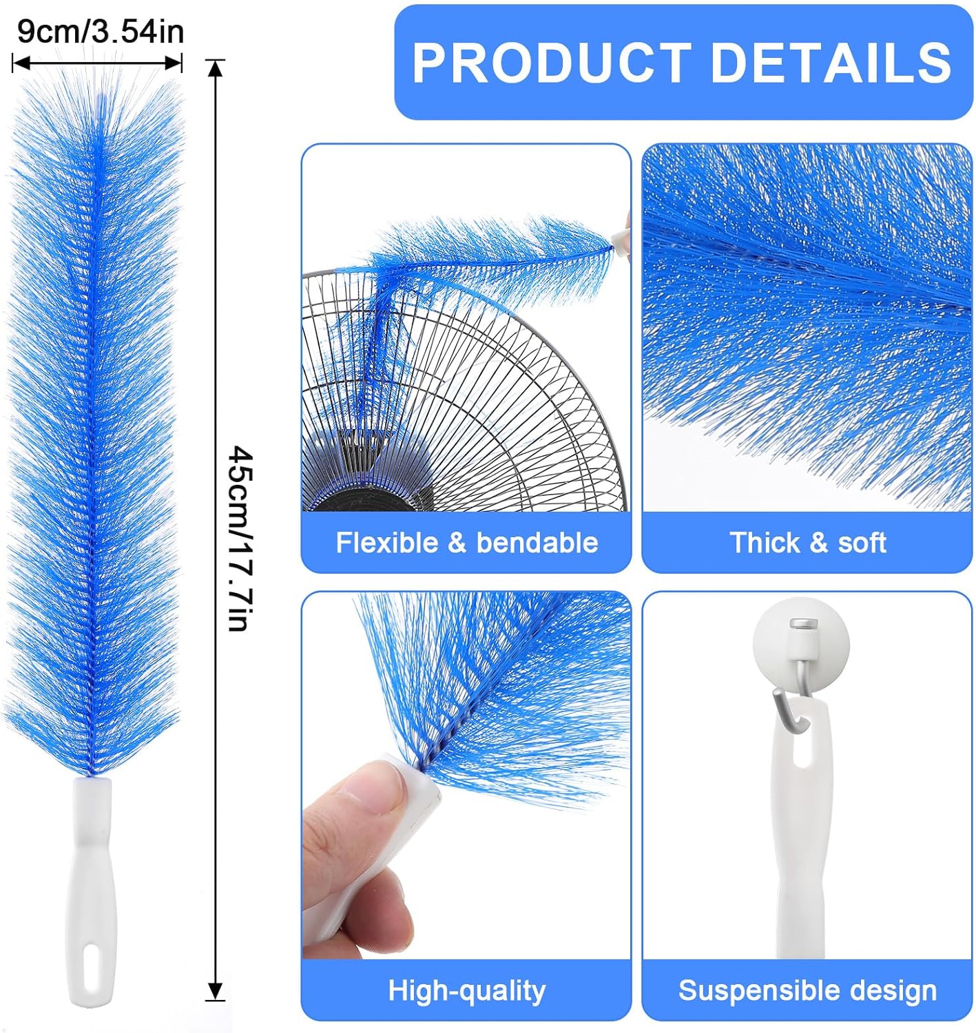2 Pcs Fan Cleaner Brushes, Bendable Fan Cleaning Brush Cobweb Duster Set Microfiber Head Washable Brush for Ceiling Fan Air Vents Curtains Cars Box Fan(Blue)