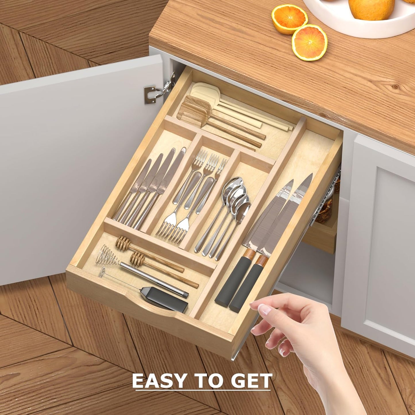 WelFurGeer Premium Wooden Silverware Organizer for Kitchen Drawers, Utensil Tray for Kitchen Drawer, Cutlery Drawer Organizer for Forks, Spoons, Knives - Sturdy Birchwood, Natural Finish