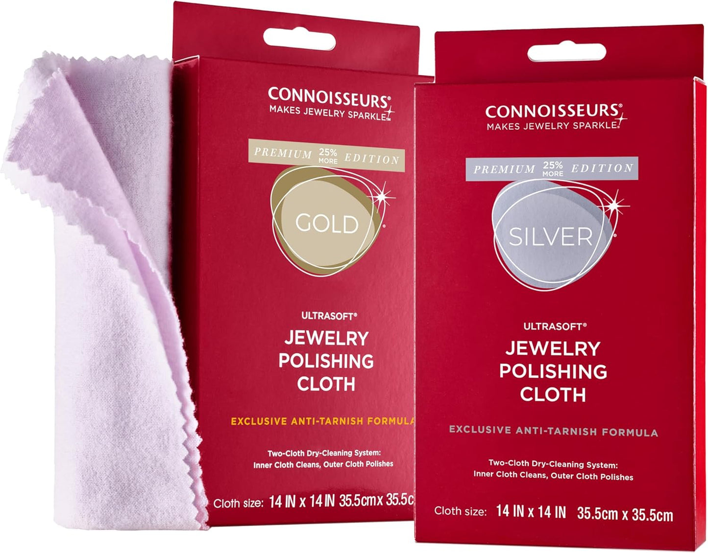 CONNOISSEURS Premium Edition Extra Large Polishing Cloth Bundle for Silver & Gold Jewelry - Ultrasoft Fabric with Anti-Tarnish Formula - (2 Pack) 14x14 Inches