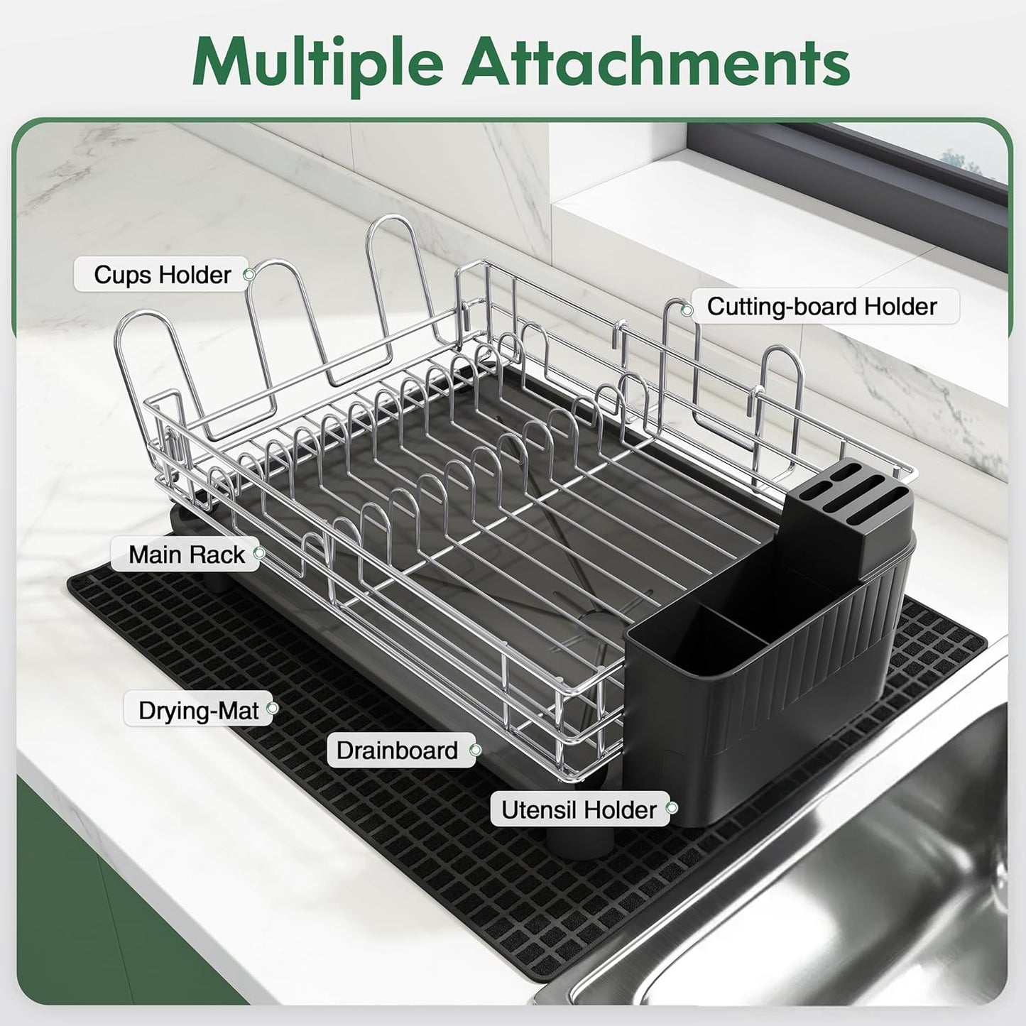 JASIWAY Stainless Steel Dish Drainers Drying Rack for Kitchen Counter with Drainboard, Rust Proof Metal, Space Saving, Modern Aesthetic, Compact Plates Strainers with Extra Mat, Silver