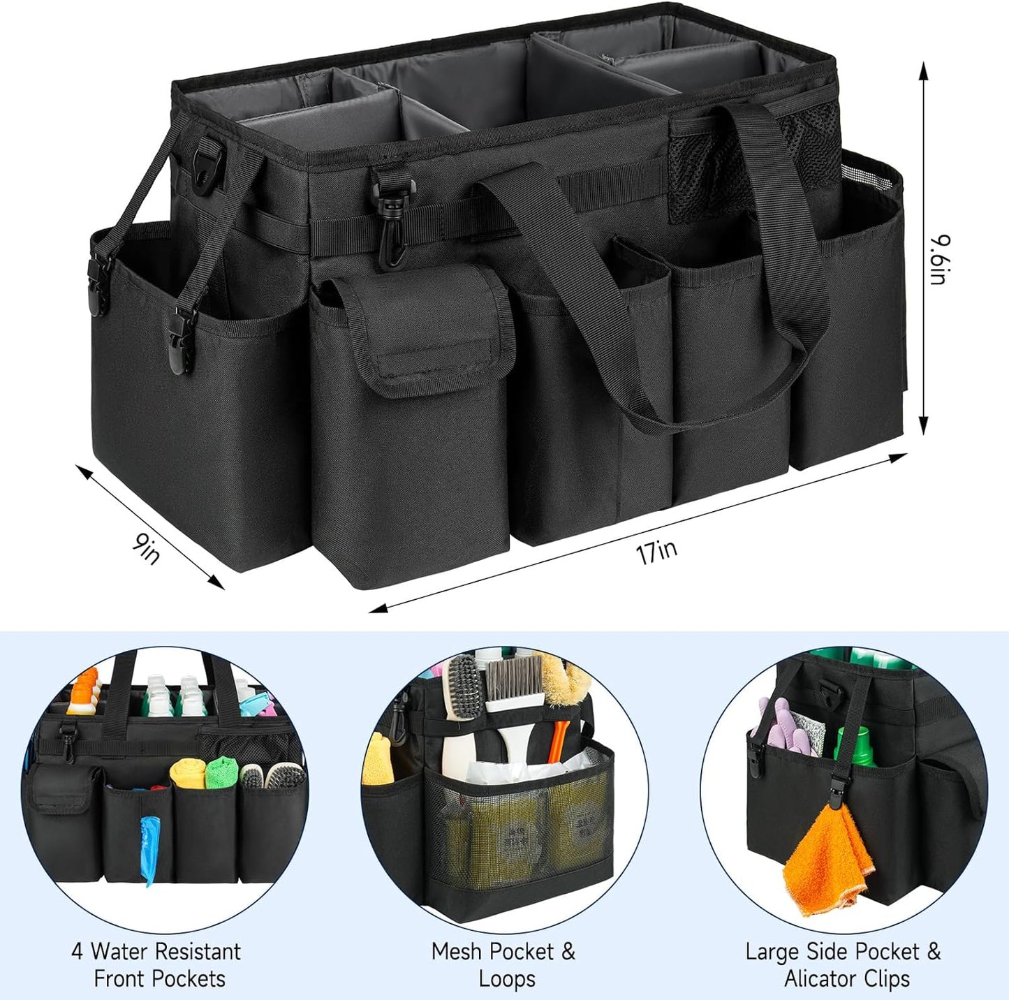 Cleaning Caddy Bag,Extra Large Cleaning Supplies Organizer with Handle for Housekeepers,Black