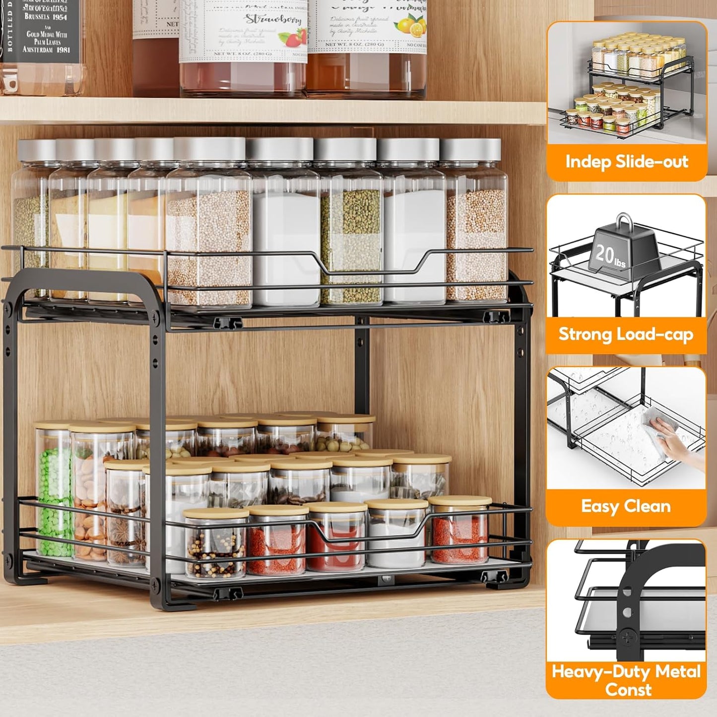 Spice Rack Organizer for Cabinet, 2 Tier Pull Out Spice Rack – Heavy Duty Metal Spice Organization for Cabinet, 50-Jar Capacity, Height Adjustable Cabinet Organizer (11.5W" X 10.5"D X 9"H, Black)