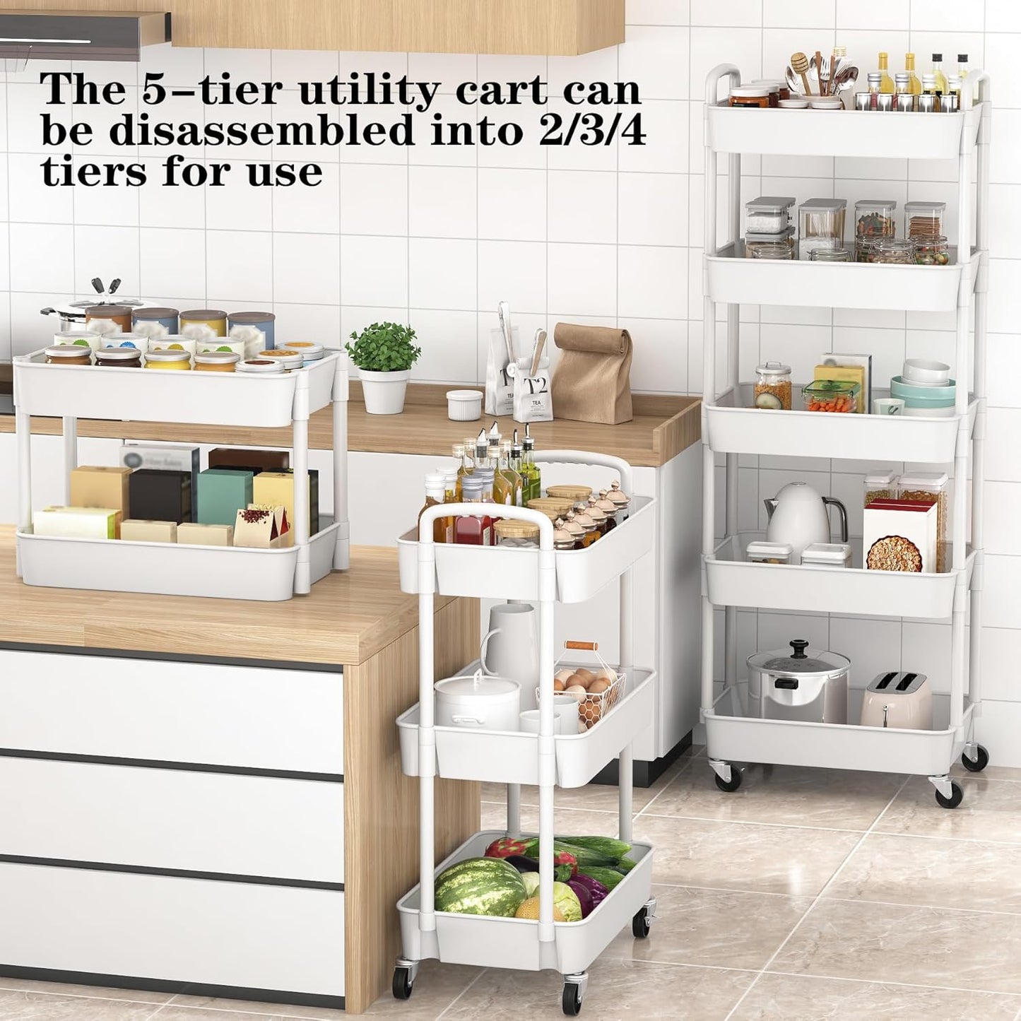 Sywhitta 5-Tier Plastic Rolling Utility Cart with Handle, Multi-Functional Storage Trolley for Office, Living Room, Kitchen, Movable Storage Organizer with Wheels, White