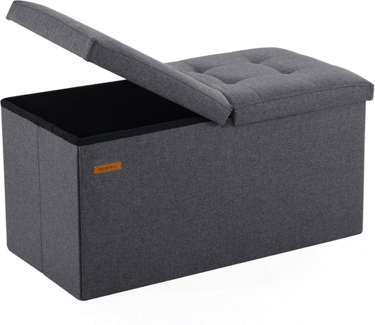 HAUSFRAU - 30 Inches Storage Ottoman Bench with Flipping Lid, Foldable Storage Chest Foot Rest for Living Room, Bedroom, Entryway, Load 660 lb, Linen Dark Gray