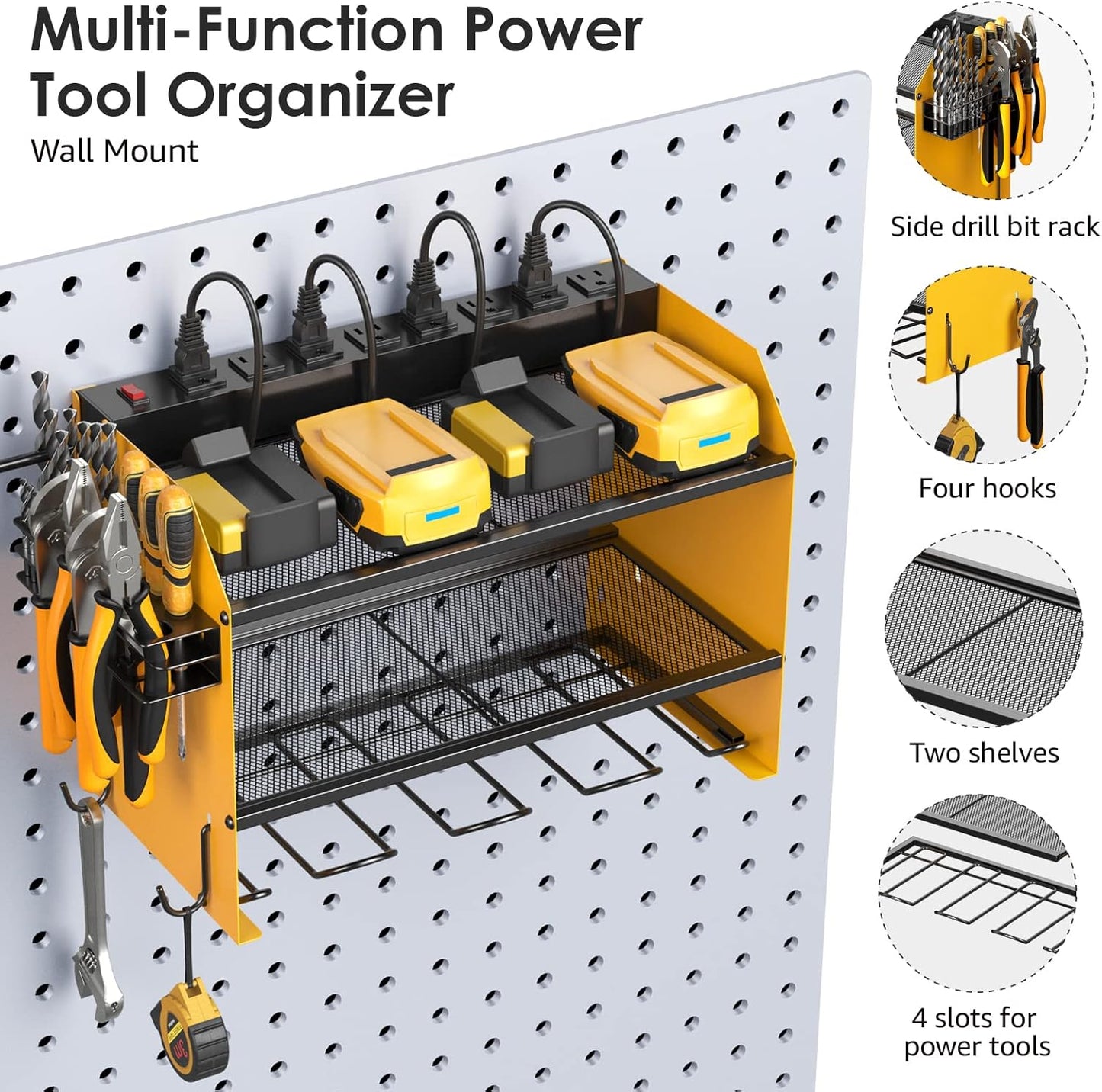 CCCEI Modular Power Tool Organizer Wall Mount with Charging Station. Garage 4 Drill Storage Shelf with Hooks, Screwdriver, Drill Bit Heavy Duty Rack, Tool Battery Holder Built in 8 Outlet Power Strip.