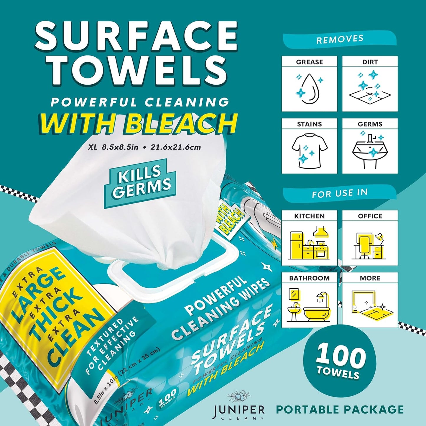 6 Packs Surface Wipes with Bleach, Thick & Large Dispose, All-Purpose Cleaner for Bathroom, Kitchen, Office, 600 Count Soft Flow, Biodegradable, Fresh Scent