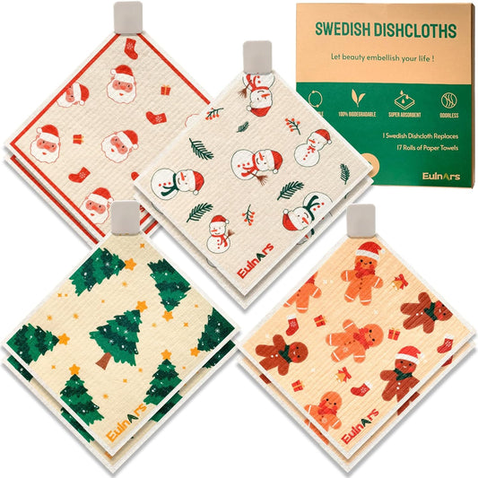 Reusable Paper Towels, Christmas Swedish Dishcloths for Kitchen 8-Pack, Non-Scratch Swedish Dish Towels, Super Absorbent Cellulose Dish Cloths, No Odor Cleaning Rags