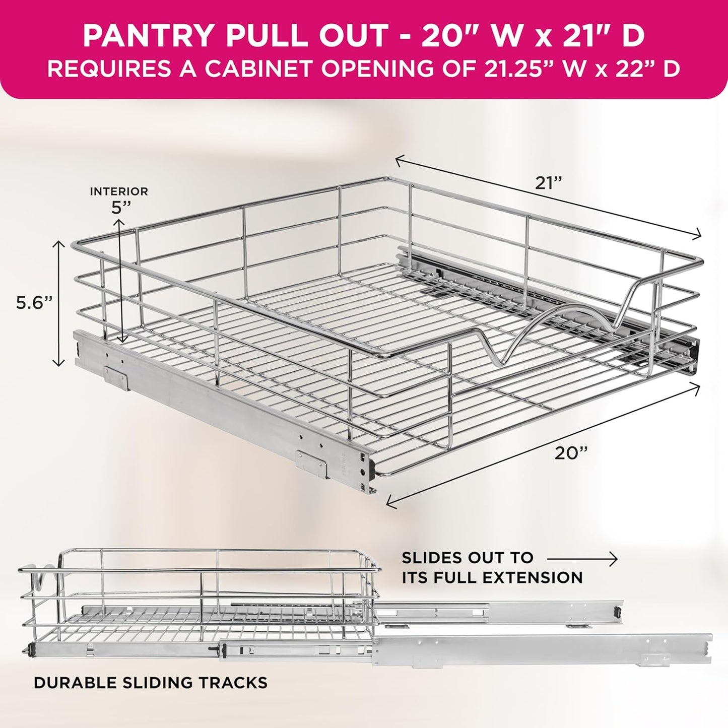 HOLDN’ STORAGE Heavy-Duty Premium Collection Pull Out Cabinet Organizer, Cabinet Drawer Slide Outs, Lifetime Limited Warranty - Basket Size 20" W x 21" D x 5" H, Anti-Rust Chrome Finish
