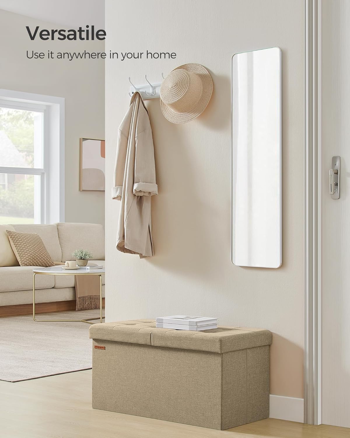 SONGMICS Mazie Collection - 30 Inches Storage Ottoman, Foldable Storage Bench with Flipping Lid, 660 lb Load Capacity, for Entryway, Living Room, Bedroom, Camel Brown ULSF046K01