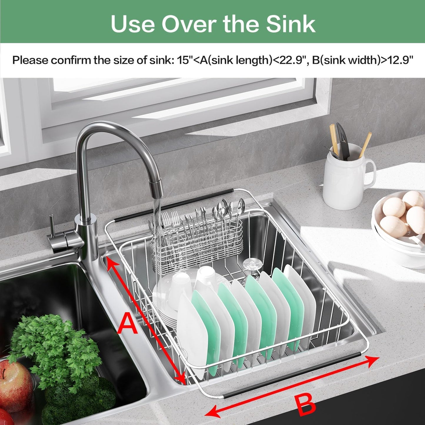 Large Dish Drainer Rack in Sink Adjustable, Expandable 304 Stainless Steel Metal Dish Drying Rack Organizer with Stainless Steel Utensil Holder Over Inside Sink Counter, Rustproof