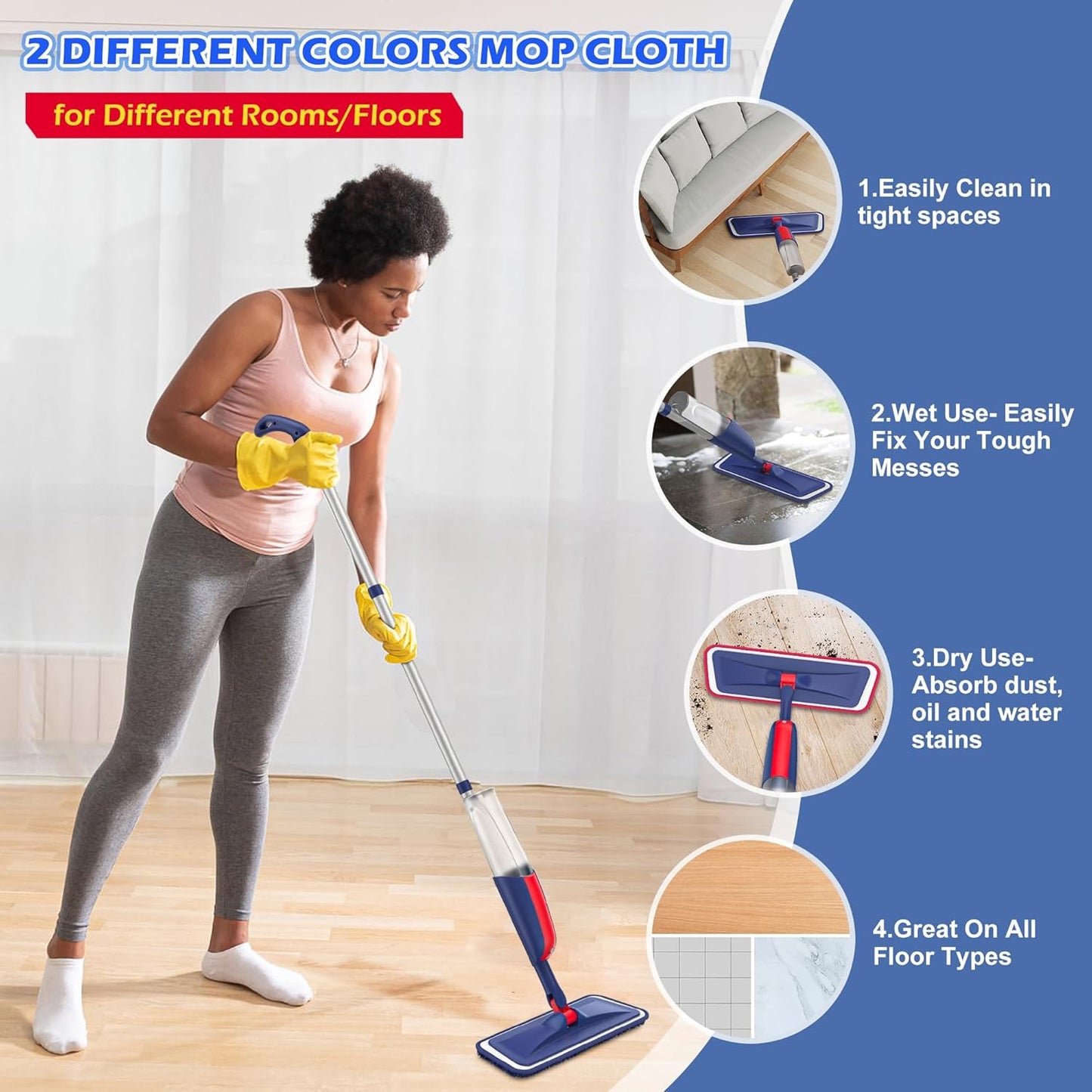 Wet Dust Mops for Hardwood Floor Cleaning - MEXERRIS Spray Mops with 4X Reusable Washable Pads 2X Bottles Microfiber Wood Floor Mop Home Commercial Use for Hardwood Wood Laminate Ceramic Tiles