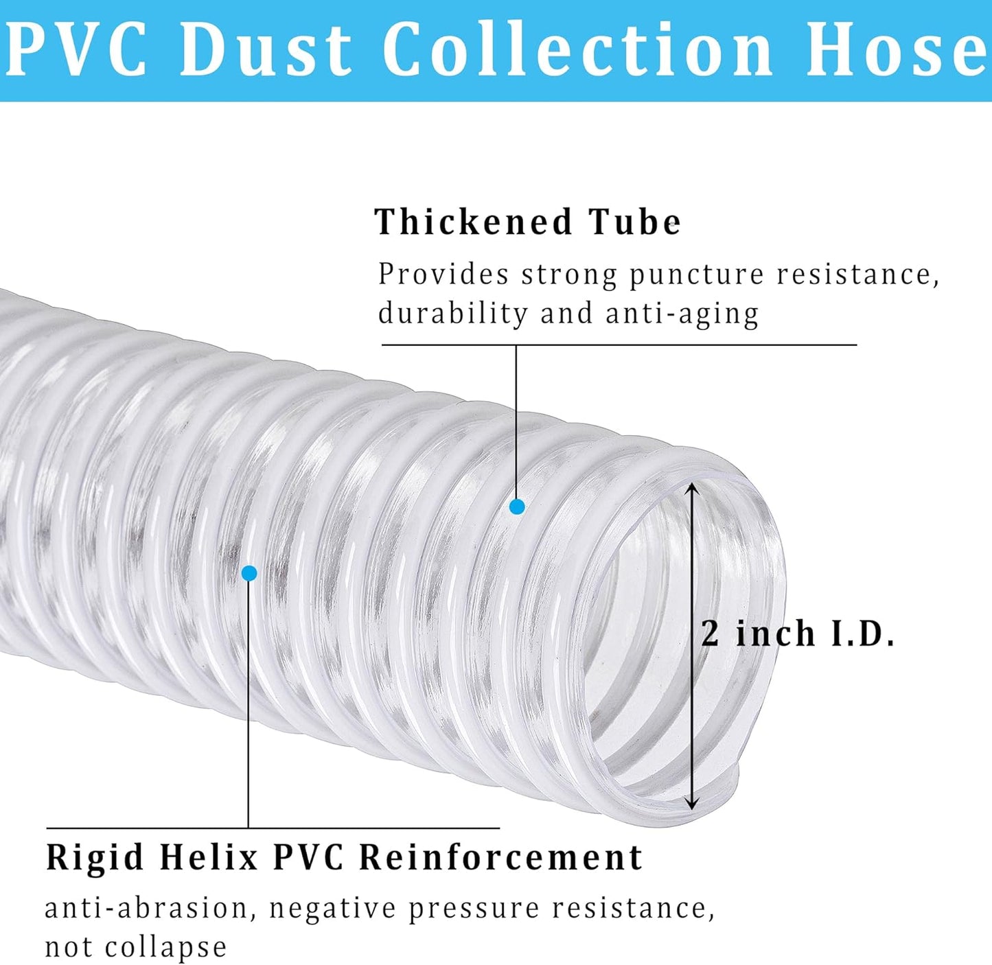 Dust Collection Hose 2 in × 20 ft Heavy Duty Clear Flexible PVC Reinforced Thicken Helix Suction Discharge Corrugated Pipe Hose for Fume Dust Collector Fitting Wood Chip Saw