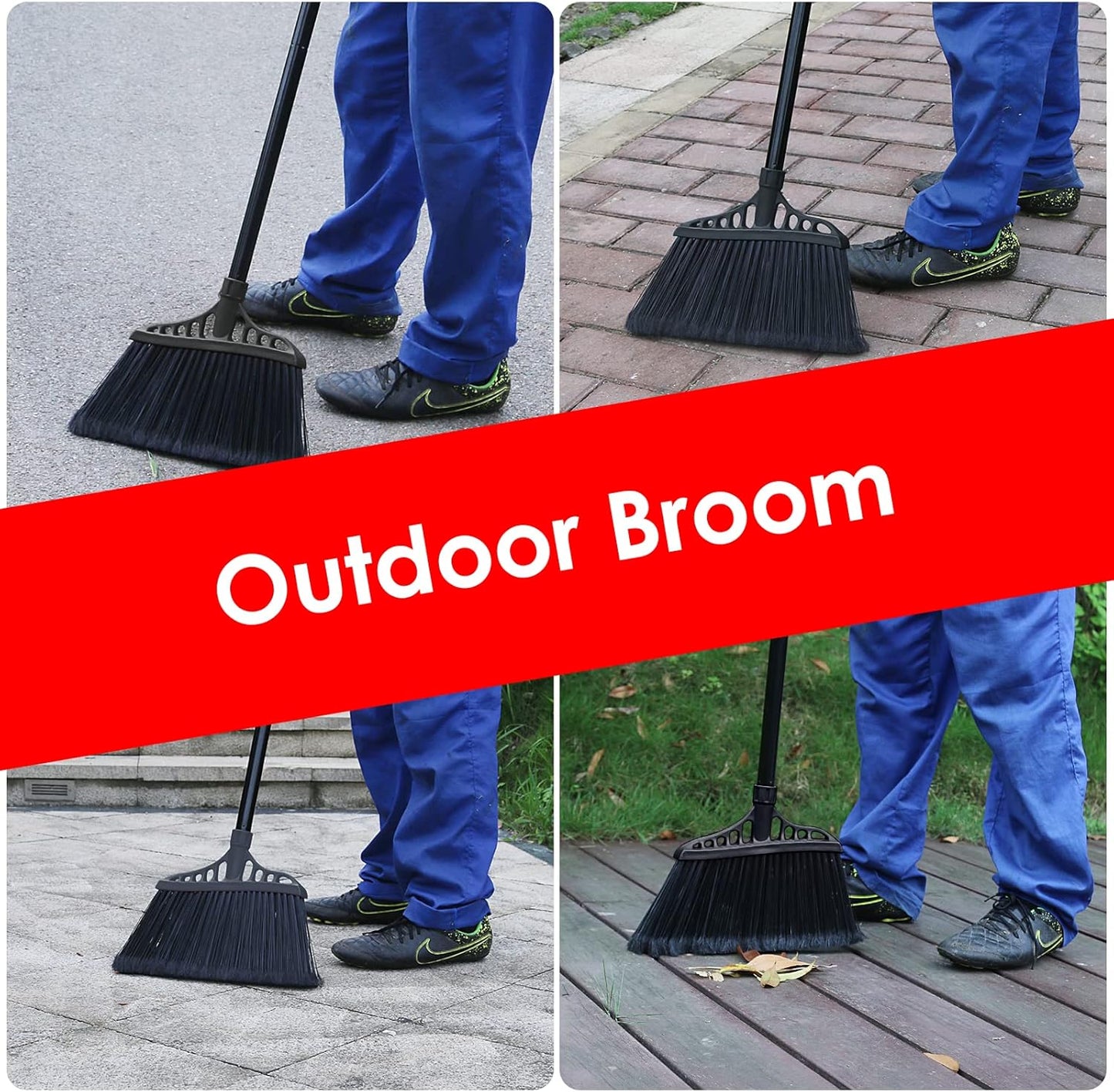 3-Pack Heavy Duty Broom, Commercial Broom with 55" Long Handle Outdoor Indoor, Industrial Brooms for Sweeping Garage Concrete Courtyard Patio Home Kitchen Office - All Black
