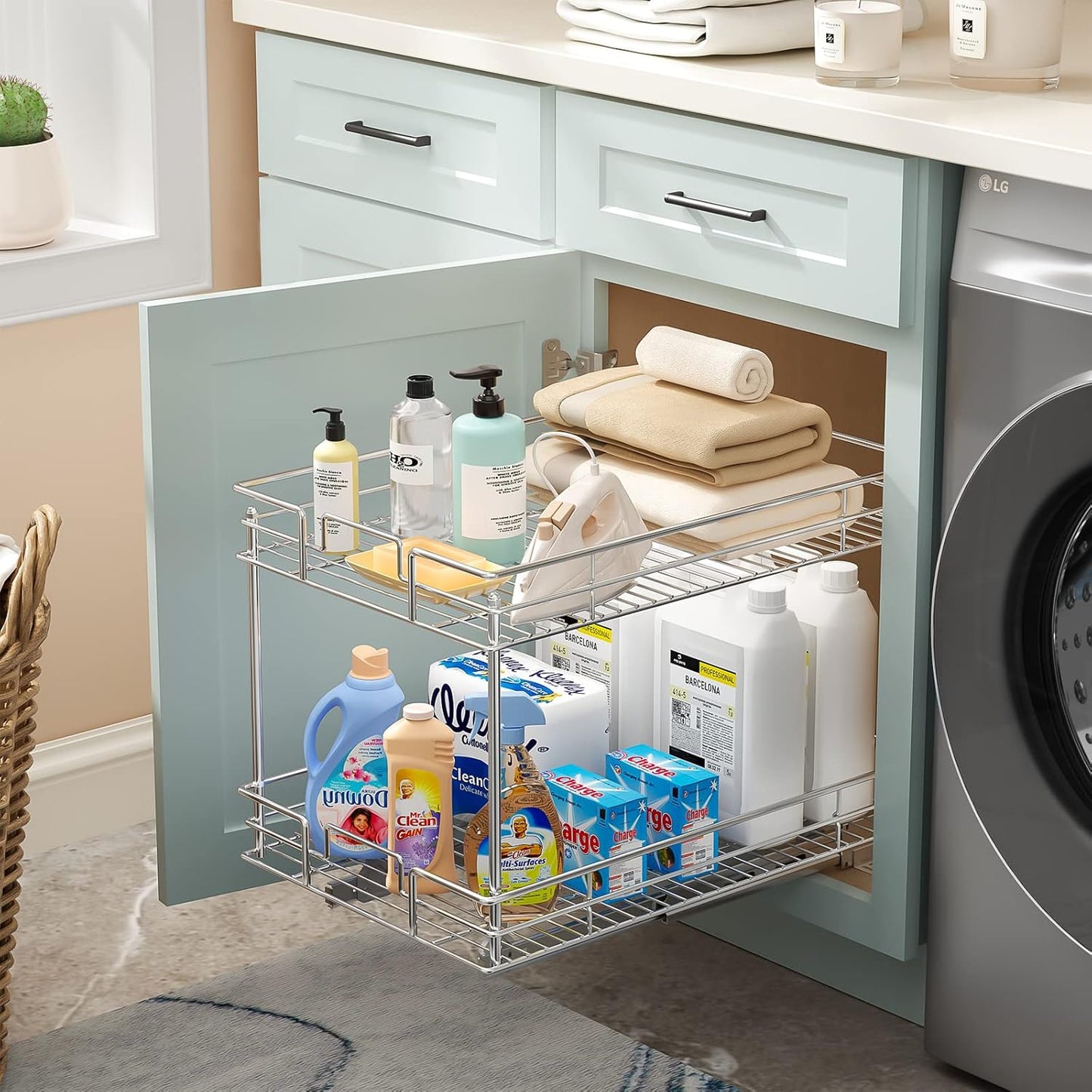 ROOMTEC Pull Out Cabinet Organizer, Kitchen Cabinet Organizer and Storage 2-Tier Cabinet Pull Out Shelves for Kitchen,Under Sink Organizers and Storage 14" W x 21" D Chrome