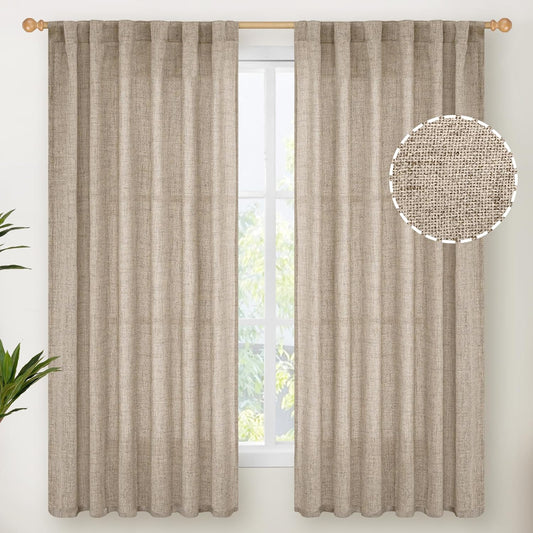 YoungsTex Dark Oatmeal Curtains 63 Inches Long for Living Room Window, Linen Semi Sheer Drapes Light Filtering with Rod Pocket Back Tab for Bedroom Farmhouse Rustic Privacy, 2 Panels, 52 X 63 Inch