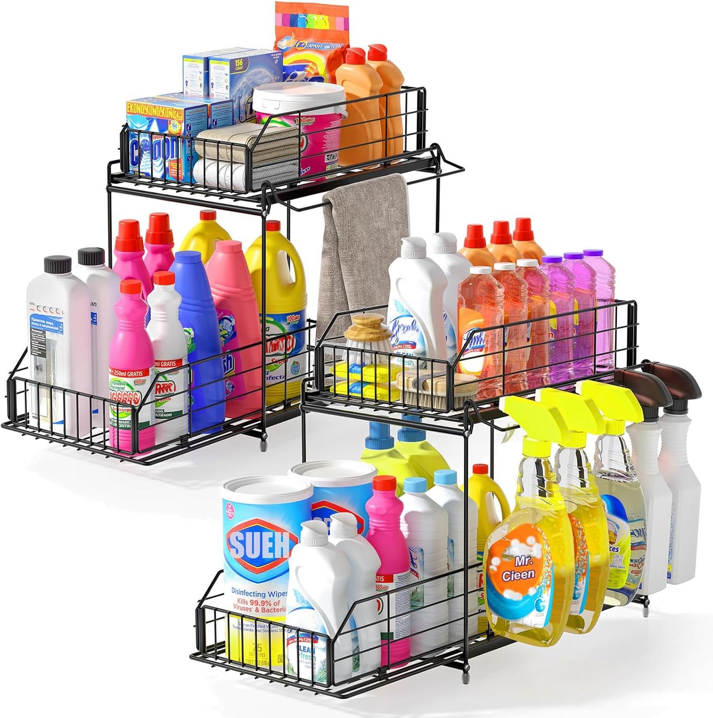 SUEH DESIGN Under Sink Organizers and Storage, 2 Tier Metal Under Sink Storage with Hanging Rail for Kitchen Bathroom Cabinet Organizer, 2 Pack