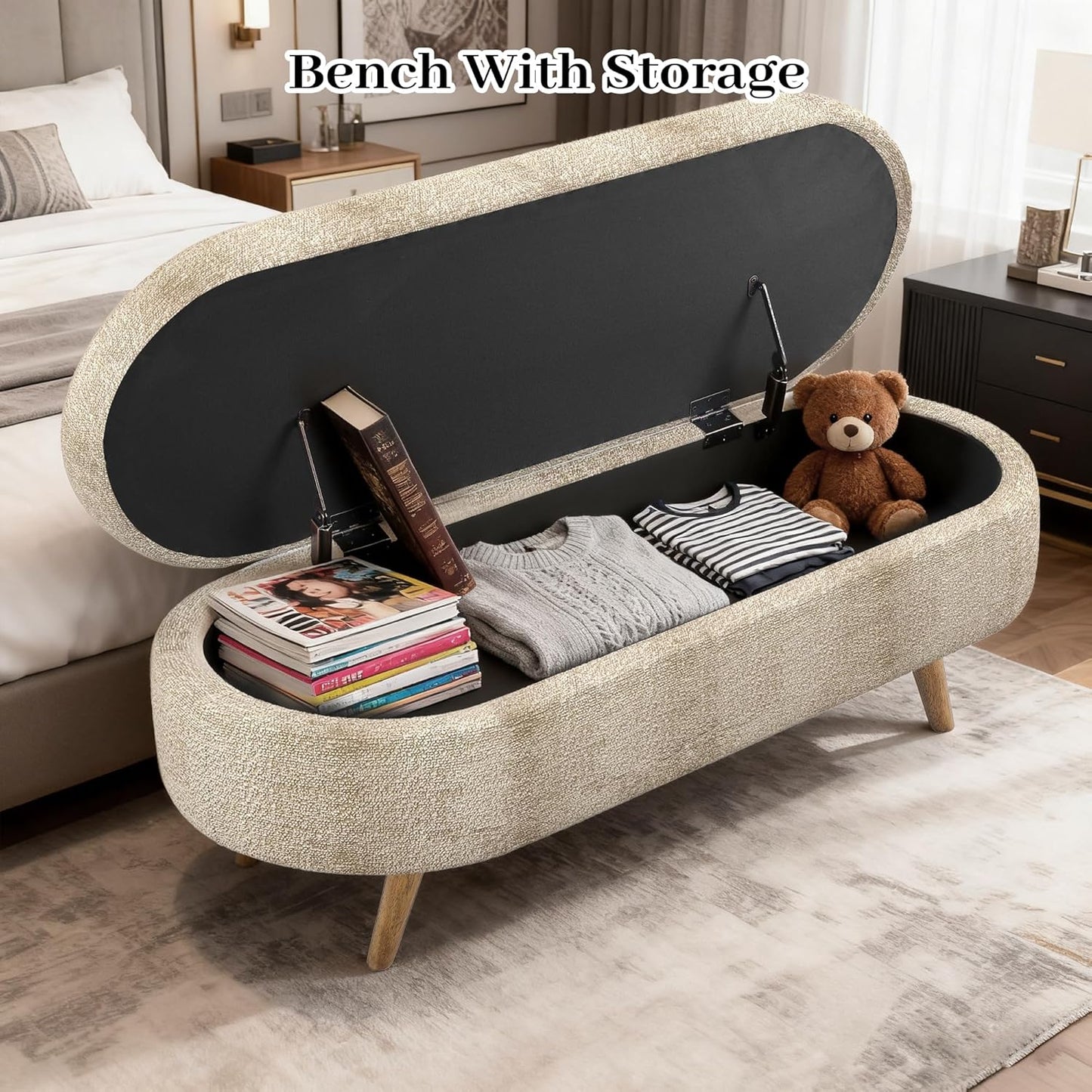 Storage Bench, 43" Storage Ottoman Bench, Shoe Storages Benches for Bedroom, Upholstered Entryway Benches with Seating, Rubber Wood Legs for Bedroom, Living Room, Entryway, Bed Side, Brown