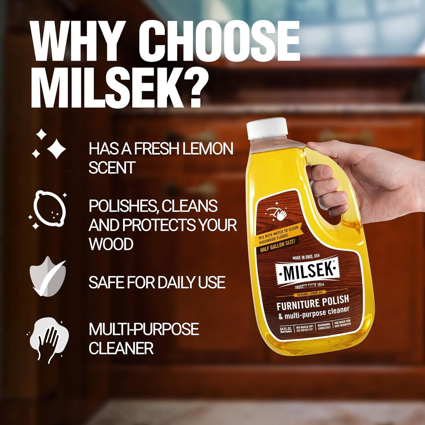Milsek Furniture Polish and Wood Cleaner with Lemon Oil - Multipurpose Solution for Home Improvement from Hardwood Floors to Kitchen Cabinets - 64 Fl Oz (Pack of 1)