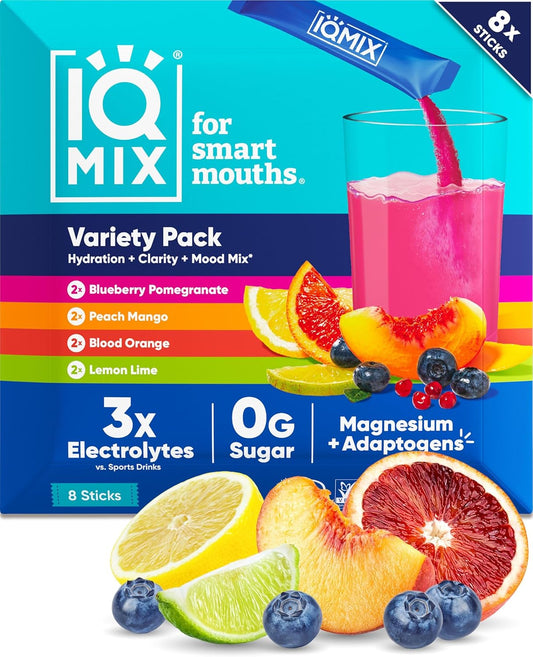 IQMIX Hydration Electrolyte Powder – 4-in-1 Formula for Hydration, Mental Clarity, Mood and Recovery – Sugar-Free Drink Mix, Keto, Magnesium L-Threonate, Lion’s Mane – 8 Count Sampler Pack