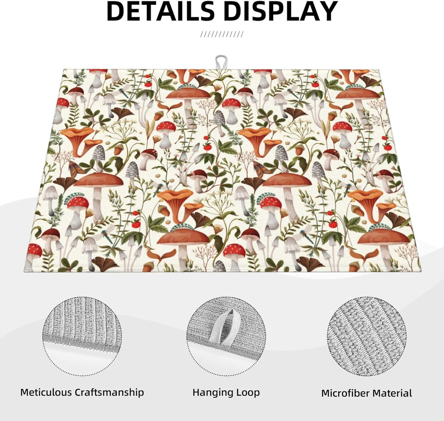 Boho Mushroom Decor Microfiber Dish Drying Mat for Kitchen Counter 18"x24" Botanic Plant Beige Dishes Pad Dish Drainer Rack Mats Washable Absorbent Fast Dry