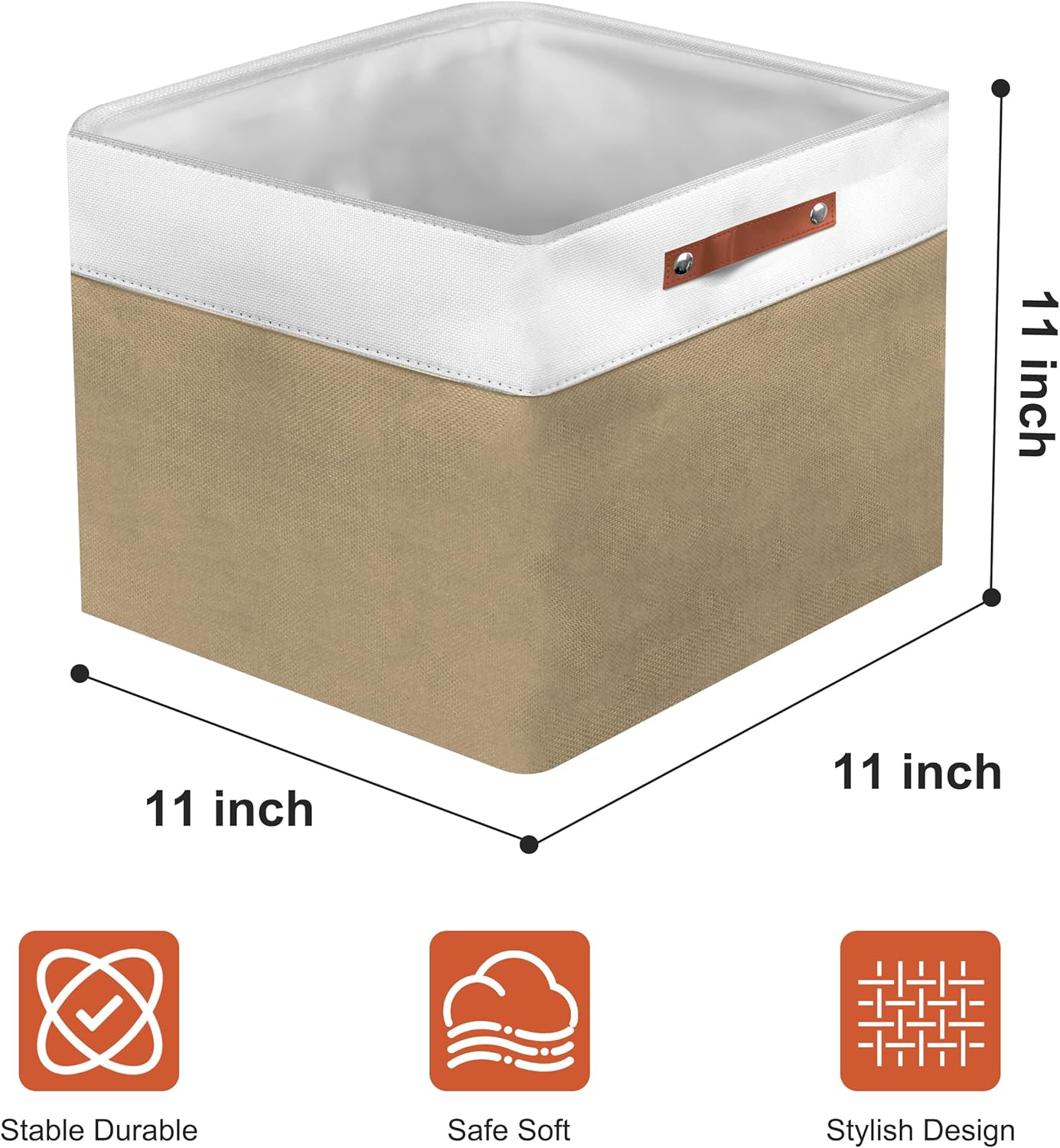 11in Open Fabric Storage Basket with Leather Handles for Organizing, Collapsible Linen Closet Bins for Shelves, Closets, Laundry, Decorative Basket for Gifts. (White＆Khaki, 3PCS/11x11in)