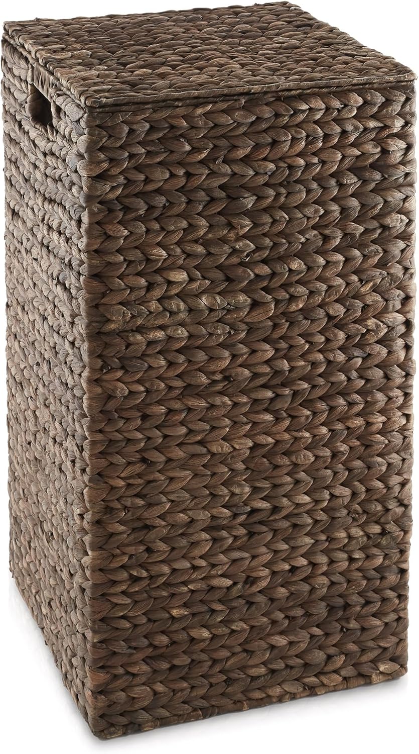 Casafield Laundry Hamper with Lid and Removable Liner Bag - Espresso, Woven Water Hyacinth Square Laundry Basket Sorter for Clothes and Towels