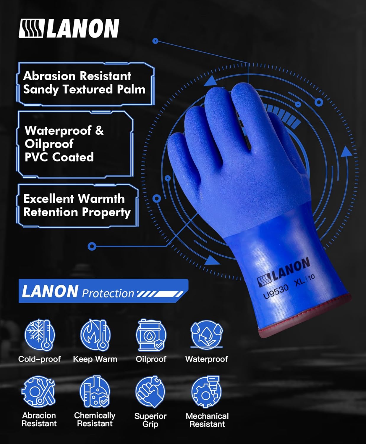 LANON PVC Coated Cold Proof Heavy Duty Gloves, Waterproof Warm Work Gloves for Freezer Work, Chemical & Oil Resistant, Non-Slip, Large