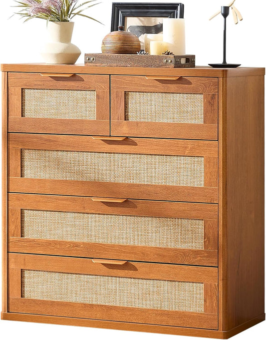 LEYAOYAO Rattan Dresser for Bedroom, 33.5" Tall Chest of Drawers, Modern 5 Drawers Boho Dressers with Storage, Vintage Brown Dresser Wooden Closet Organizer for Living Room, Hallway