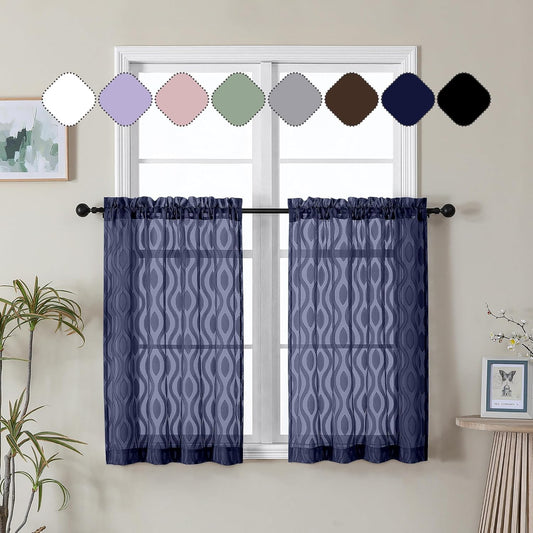 Aiyufeng Navy Blue Sheer Curtains Tiers 36 Inch Length, Light Filtering Soft Airy Wavy Line Jacquard Textured Short Curtain for Bedroom Bathroom Basement, Dual Rod Pocket, 2 Panels, 40" Wx36 L Inch
