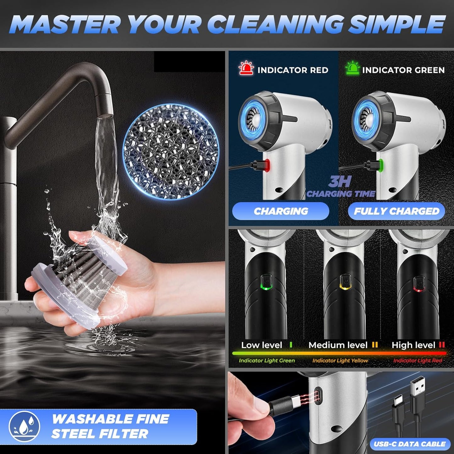 Saker Handheld Car Vacuum Portable Cordless17000PA Mini Vacuums Rechargeable Foldable Vacuum Cleaner with Brushless Motor for Home,Office Pet HL132 Black