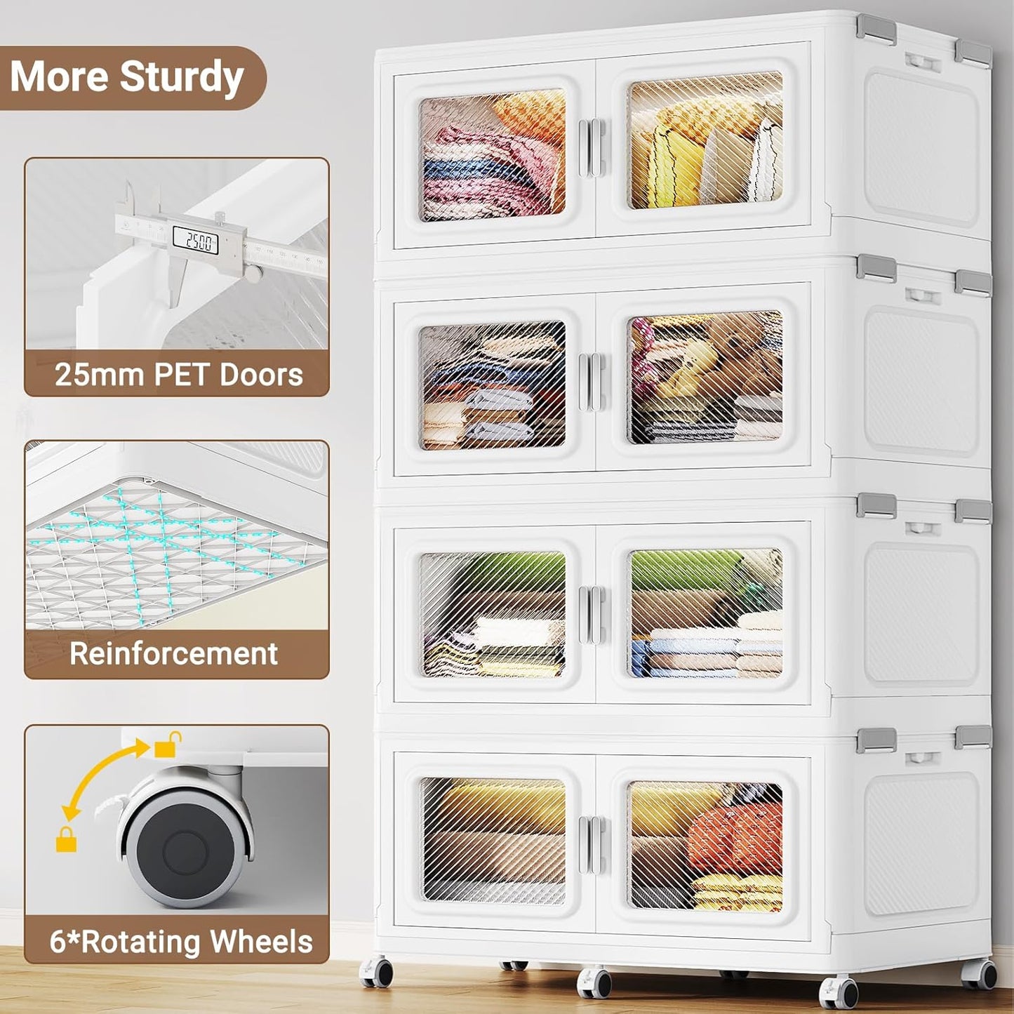 BROVIEW 880 Qt Stackable Storage Bin with Lids, 220Gal Extra Large Collapsible Storage Boxes, Folding Plastic Drawer, Heavy-Duty Store Cabinet, Closet Organizer for Home Kitchen, 4 Pack White