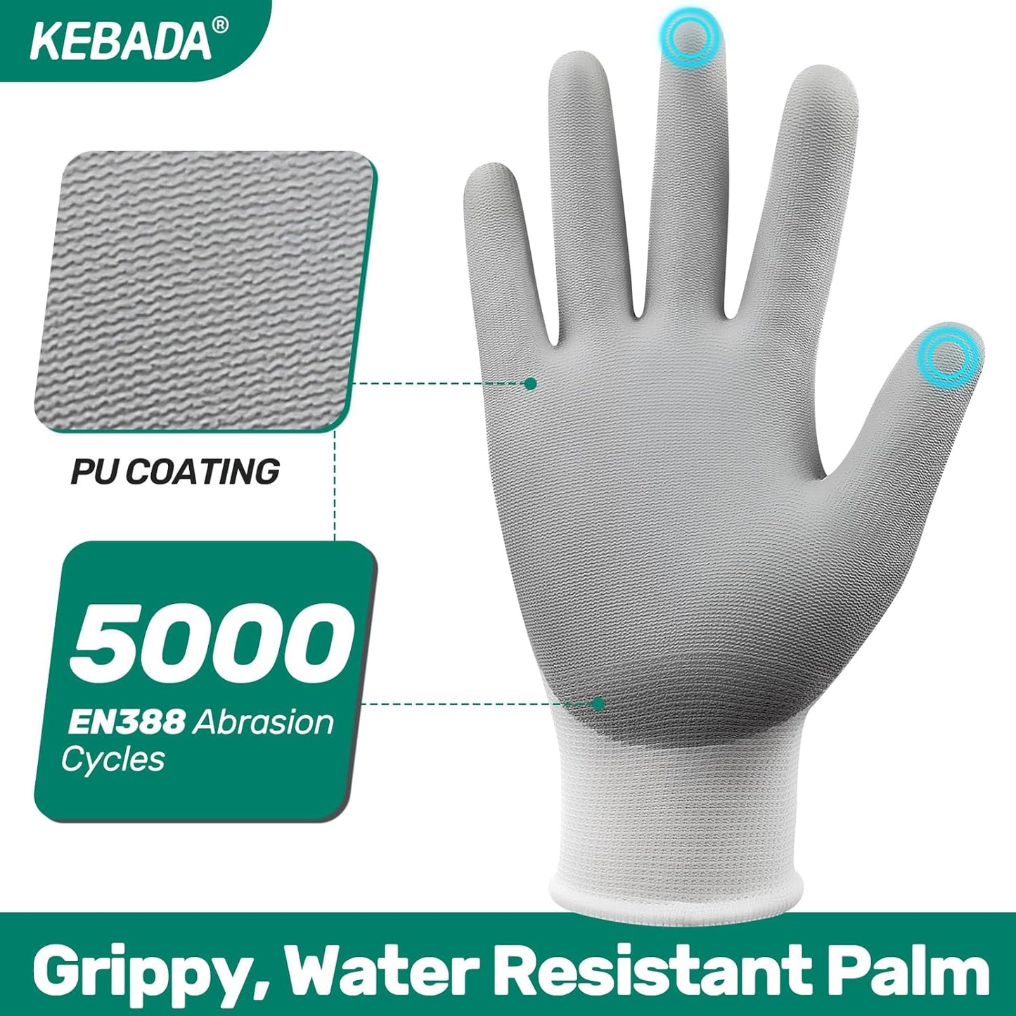 Kebada W1 Work Gloves for Men and Women, 12 Pairs Touchscreen Safety Gloves with Grip, PU-Coated, Ideal for Light & Medium Duty Tasks, White, Large