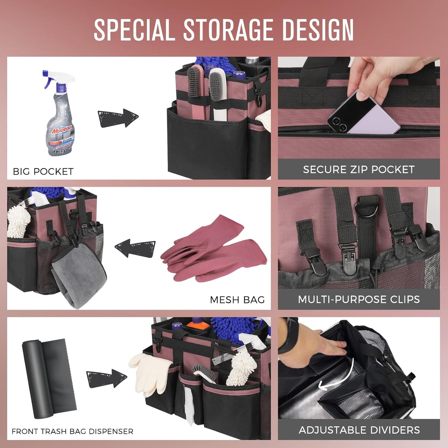 Wearable Cleaning Caddy, Cleaning Caddy Supplies Organizer with Handle & Shoulder Straps for Housekeepers, Under Sink & Car Cleaning Tool Organizers Bag with 4 Foldable Divider (LotusPink)