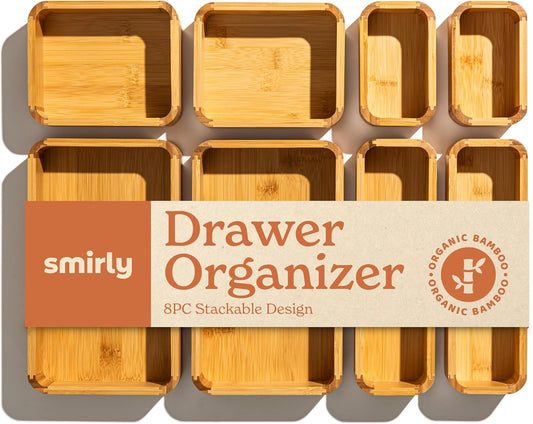 SMIRLY 8-Piece Bamboo Kitchen Drawer Organizer Set for Large and Small Utensils, Multi-use Storage Box - Bathroom, Nightstand, Jewelry, Cutlery, Knife, Spice, Towel, Junk Drawer Tray