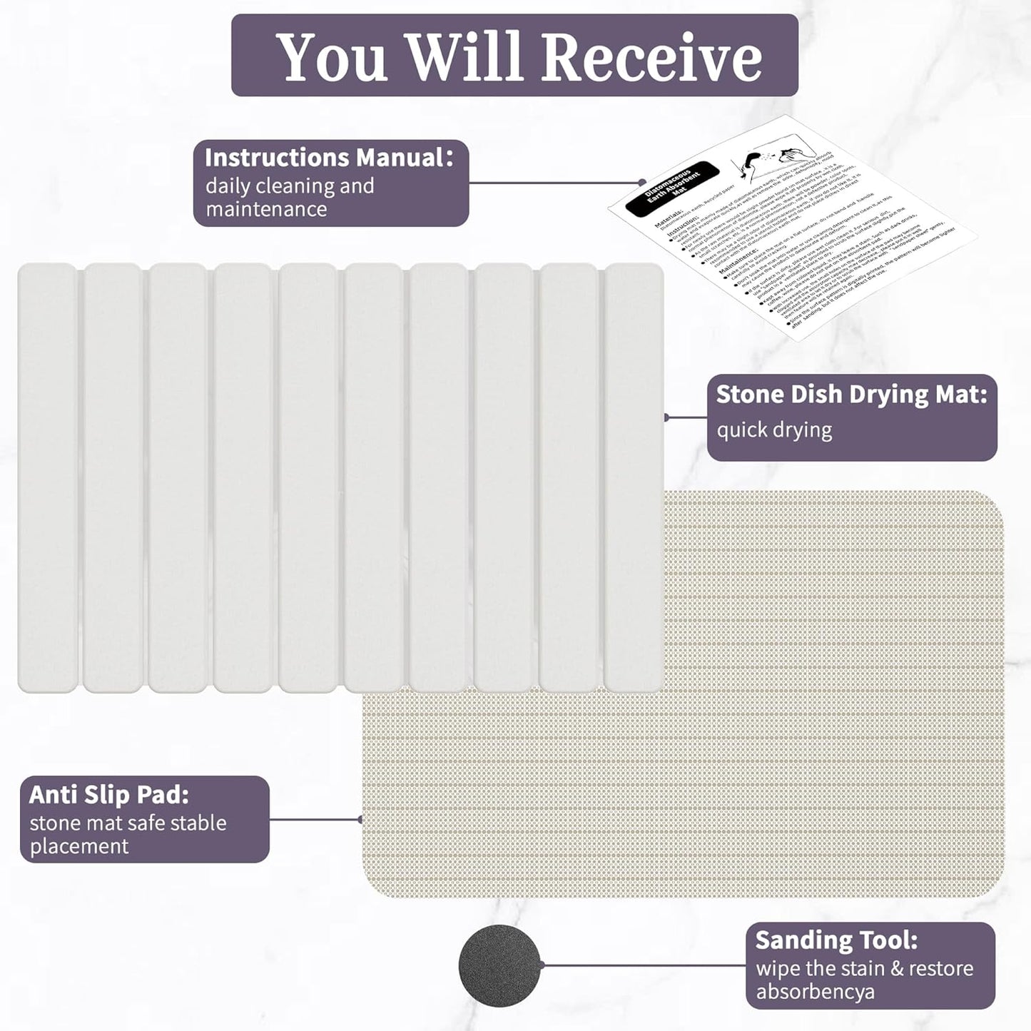 Large Stone Dish Drying Mats for Kitchen Counter – Foldable Quick Dry Stone Mat with Non-Slip Pad & Sandpaper, Super Absorbent Diatomaceous Earth Mat for Dishes and Cups(White 23.5"x15.5")