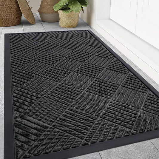Smiry Front Door Mat Outside Entrance, Heavy Duty Outdoor Indoor Natural Rubber Doormat, Non Slip, Trap Dirt and Moisture, Easy Clean, Low Profile Patio Porch Entryway Mat, 47x32, Black
