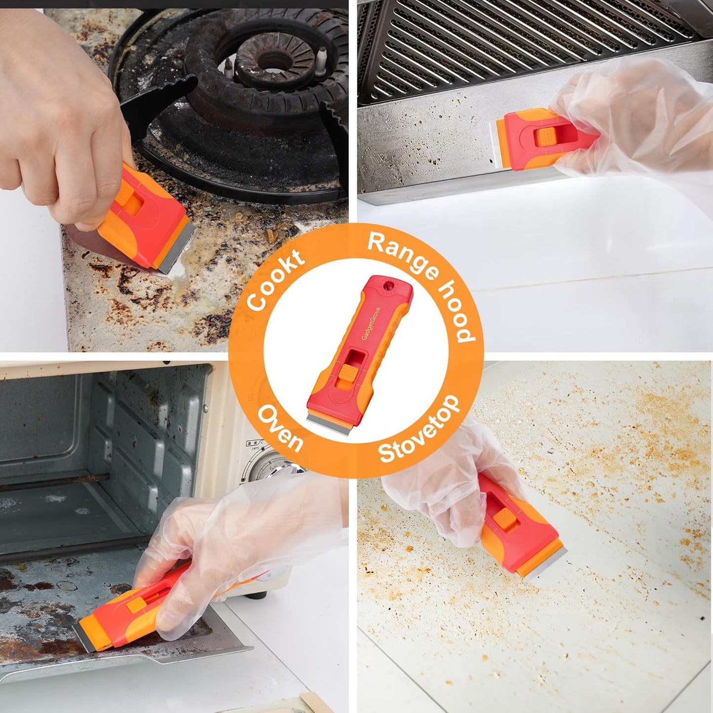 Upgraded Lock Mechanism Razor Blade Scraper with 10pcs Blades and 3Pcs small wire brushes,Scraper Tool for Clean Glass Window, Cooktop, Oven, Stove Scraper, Scraper with Buit-In Blade Storage, Orange