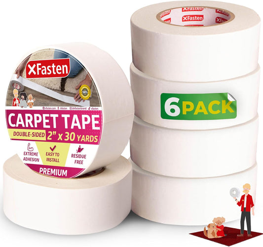 XFasten Double Sided Carpet Tape for Area Rugs, 2 Inch x 30 Yards (6-Pack) – Heavy Duty Anti Slip Rug Grip Tape, Works as Rug Gripper, Wood Safe, Easy Removal for Hardwood and Laminated Floors
