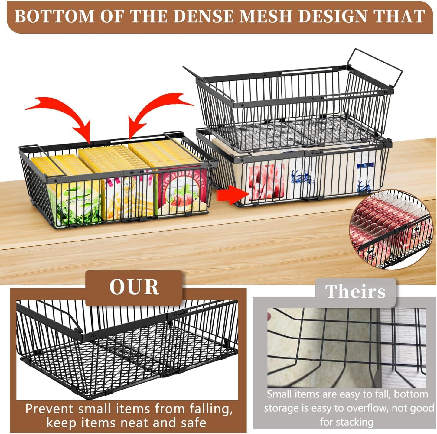 Large Freezer Organizer Bins，Upgraded Bottom Leak-Proof net，Fit 10 to 20 Cu Ft Chest Freezer，4Pack， Expandable Stackable Chest Freezer Containers with Handle(Black-4Pack)