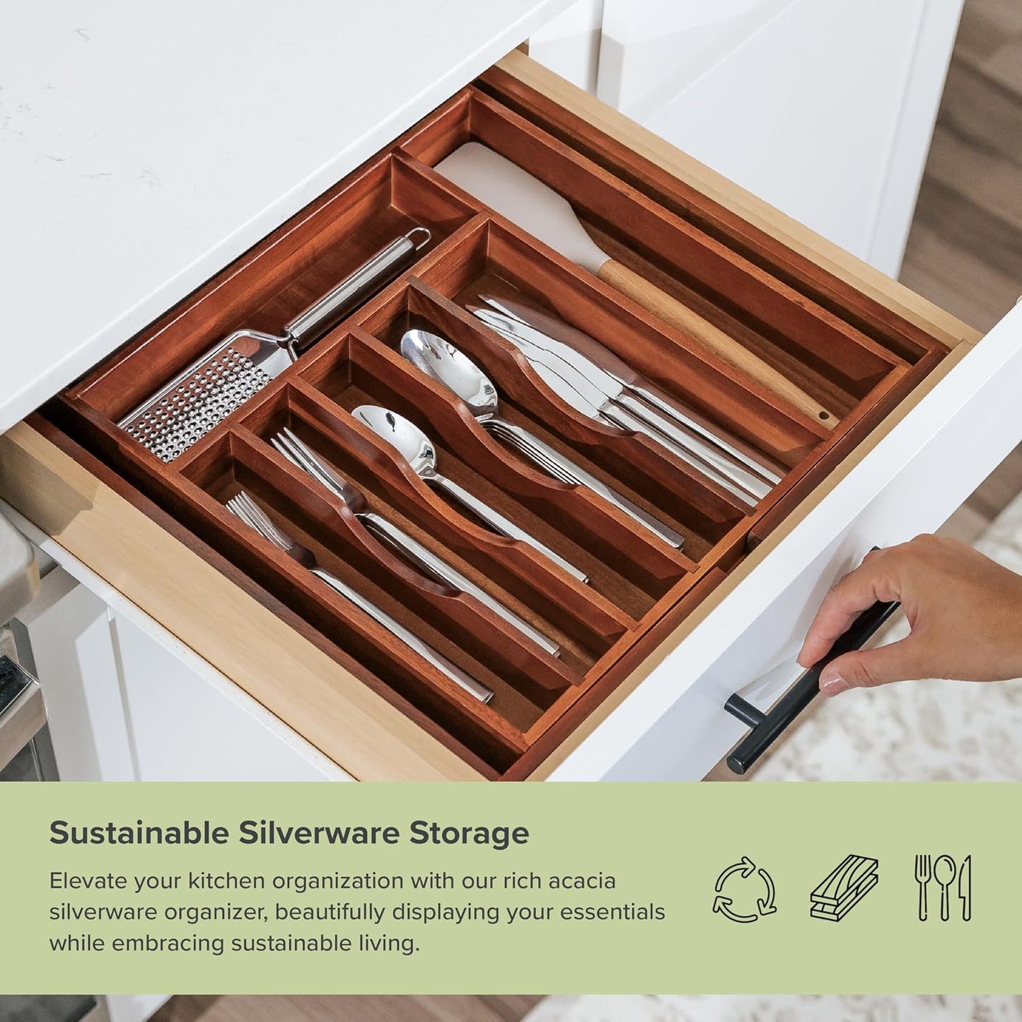 KitchenEdge Premium Silverware, Flatware and Utensil Organizer for Kitchen Drawers, Expandable 14.5 to 25 Inches Wide, 10 Compartments, Food-Safe Premium Acacia Wood Finish Kitchen Storage Tray