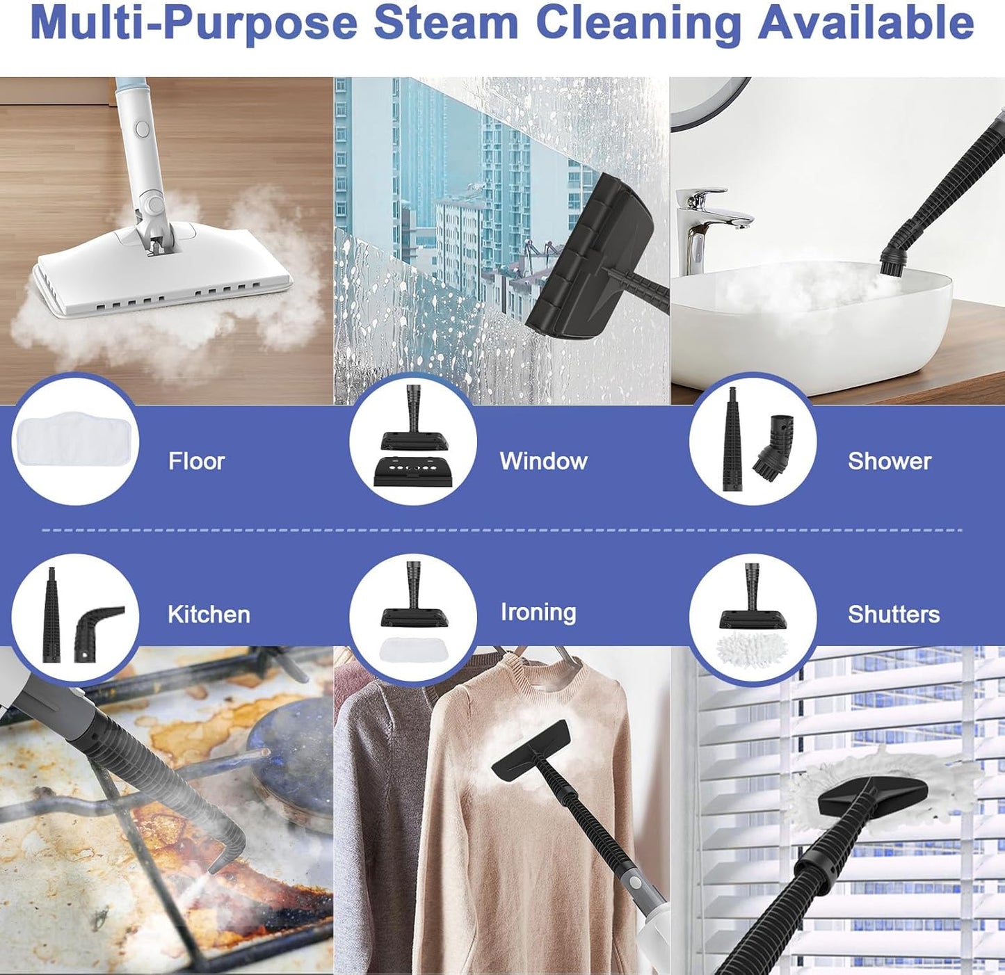 Steam Cleaner, 6 in1 Rotated Steam Mop Cleaner with 2 Modes, 2 Microfiber Pads, 400ML Removable Tank, 23FT Power Cable, Detachable Steam Mops for Floor, Laminate Floor, Tiles Cleaning (Light Blue)